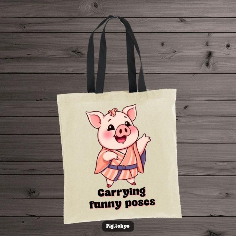 Funny tote bag showcasing a delighted pig in a striped kimono striking a comical pose, ideal for shopping and humor.