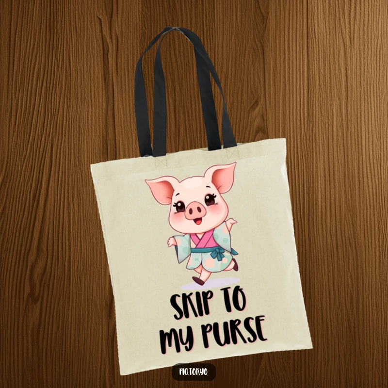 Funny Piglet Kimono Tote Bag: A happy piglet in a colorful kimono joyfully skips, ideal for carrying your essentials with a smile.