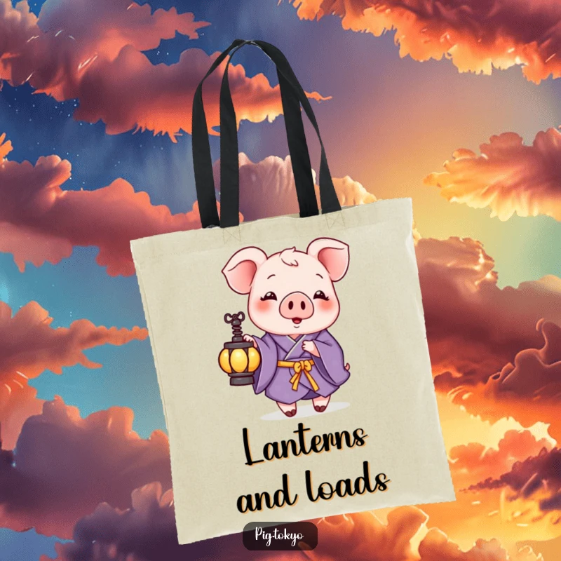 Funny tote bag with a playful pig in a purple kimono holding a small lantern, perfect for carrying essentials with a touch of whimsy.
